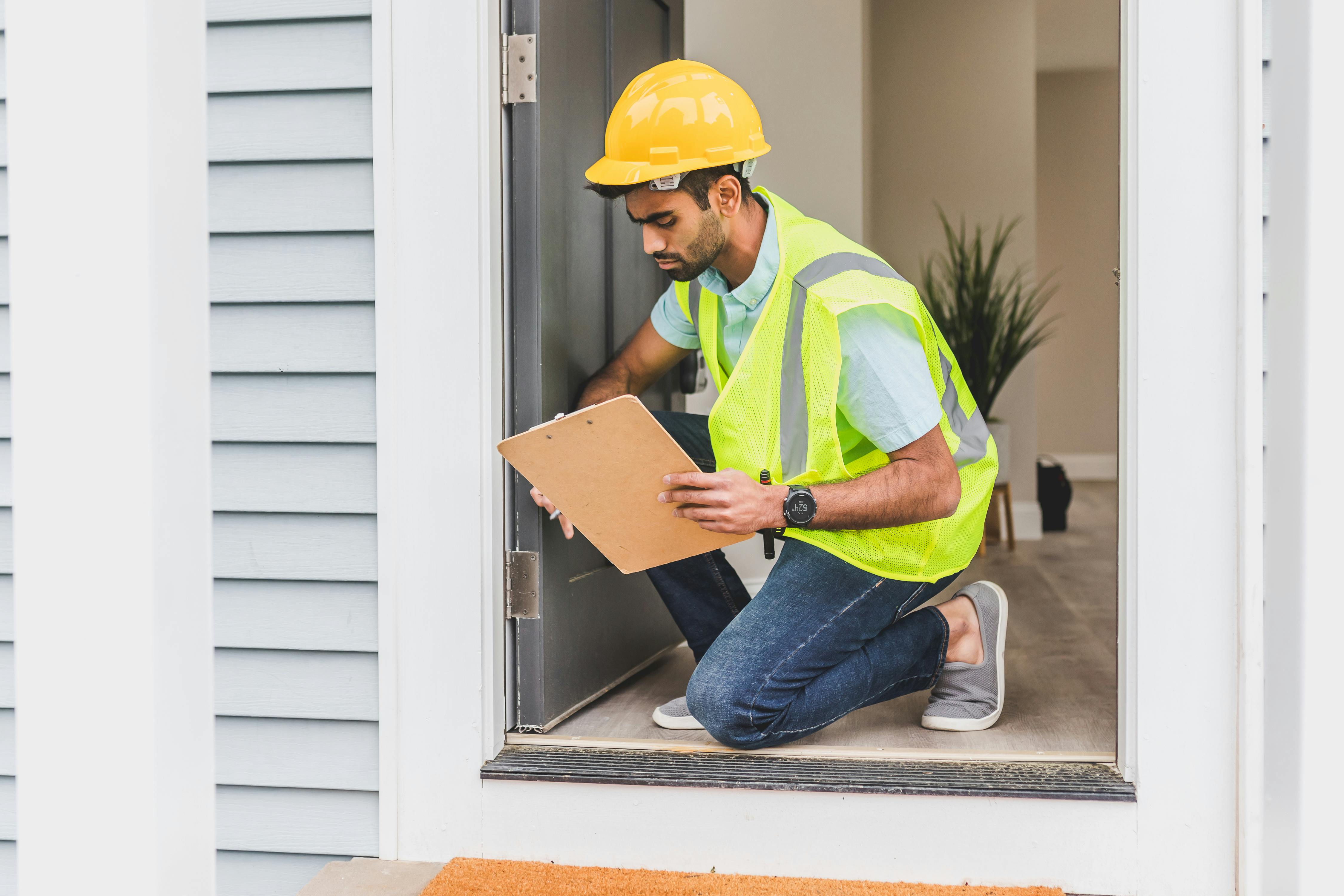 Home inspector checking a door frame with a clipboard
